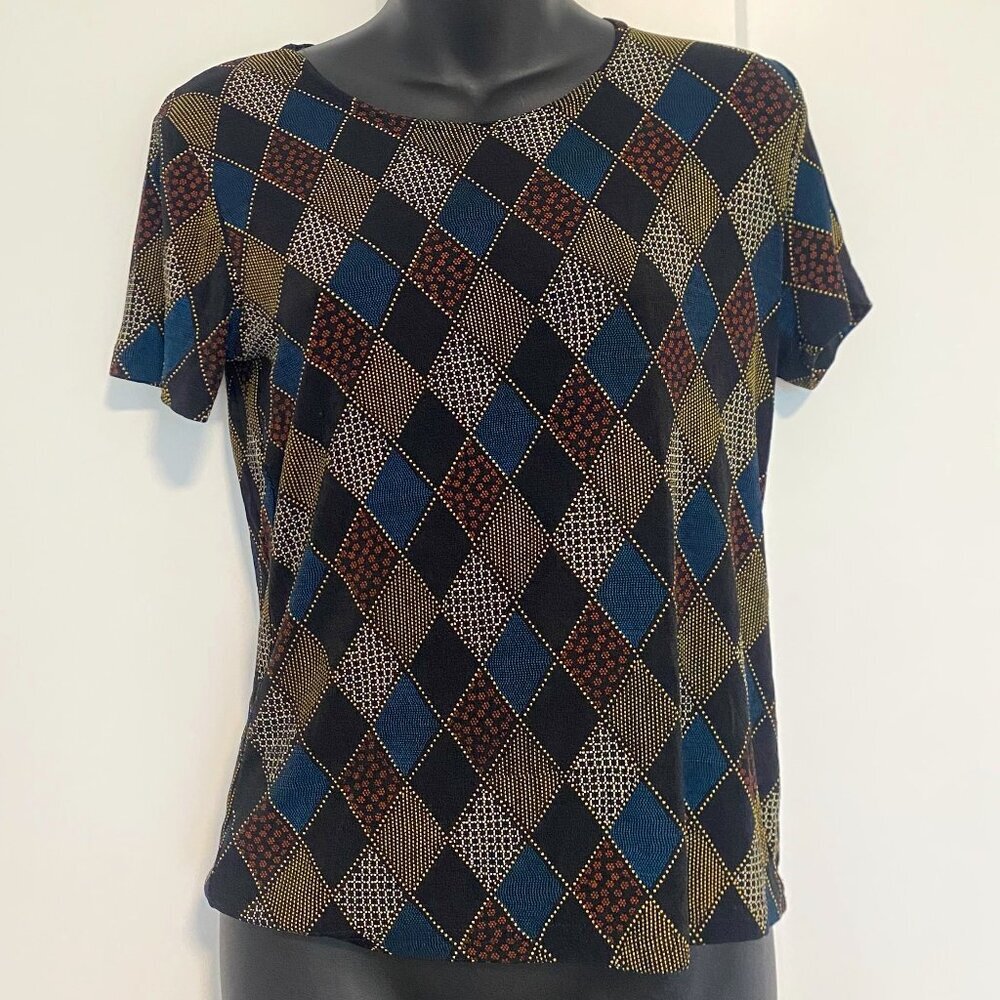 Western Connection Vintage Argyle Diamond Print‎ Stretchy Tee Shirt Top Size L/G